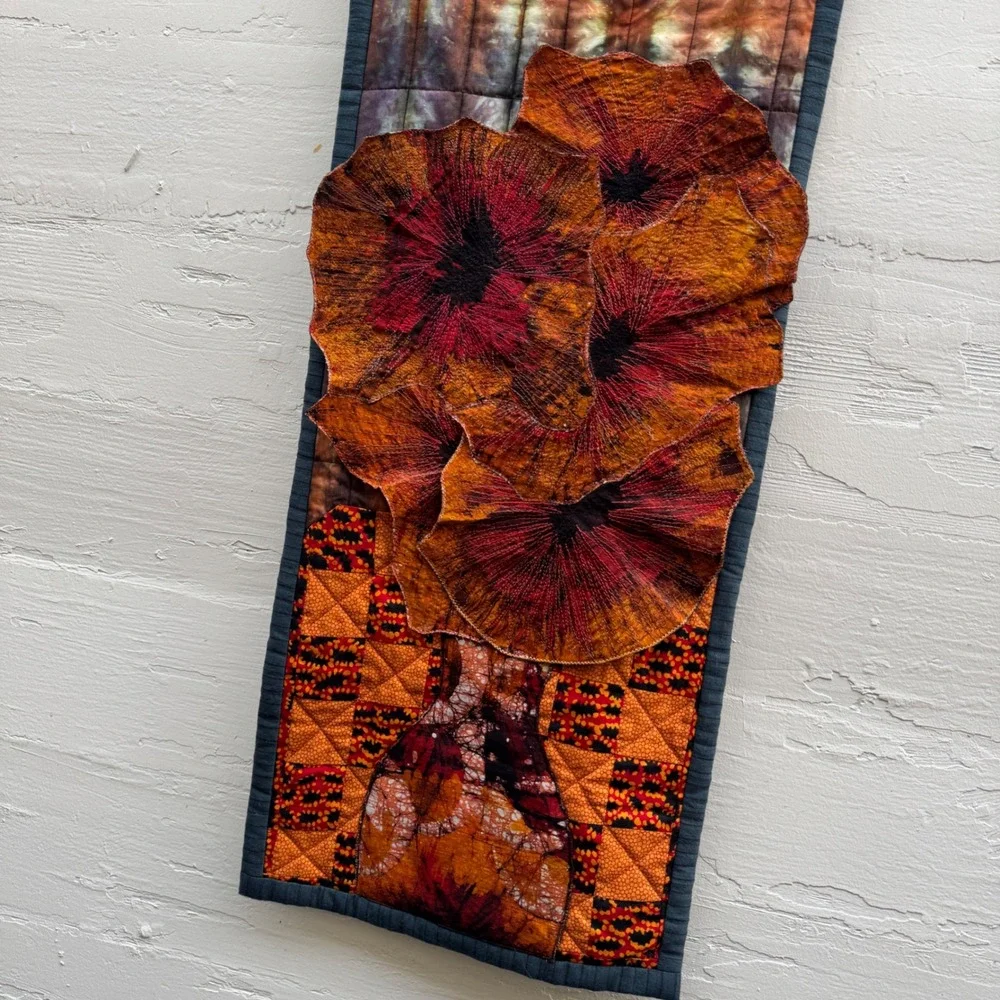 handmade tapestry Quilted Wall Hang Orange Floral Fiber Art Vase Flowers 3D